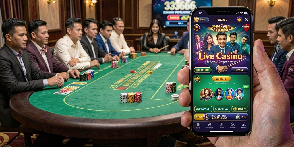 Screenshot gameplay <strong>333666</strong> yang menunjukkan dealer langsung dan suasana kasino.