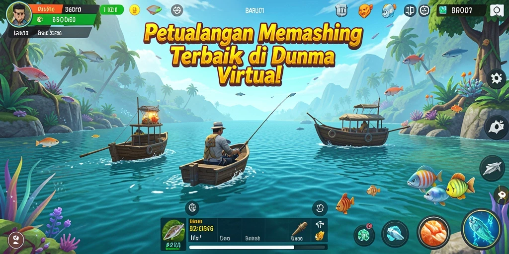 Tampilan gameplay seru memancing di BARU01 dengan berbagai lokasi menarik.