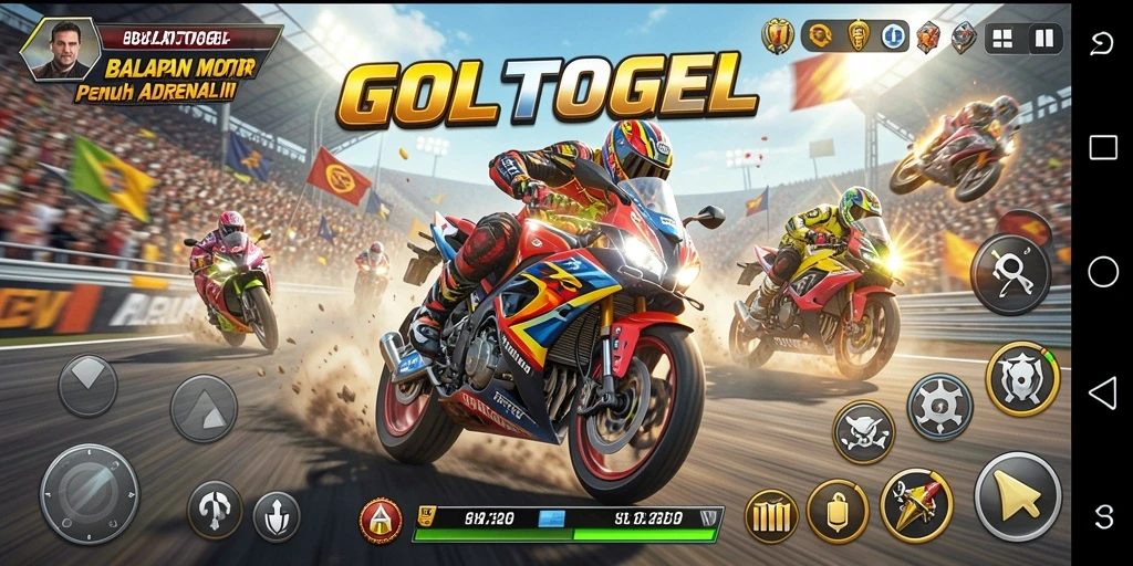 Screenshot gameplay GOLTOGEL menampilkan aksi balapan motor yang mendebarkan.