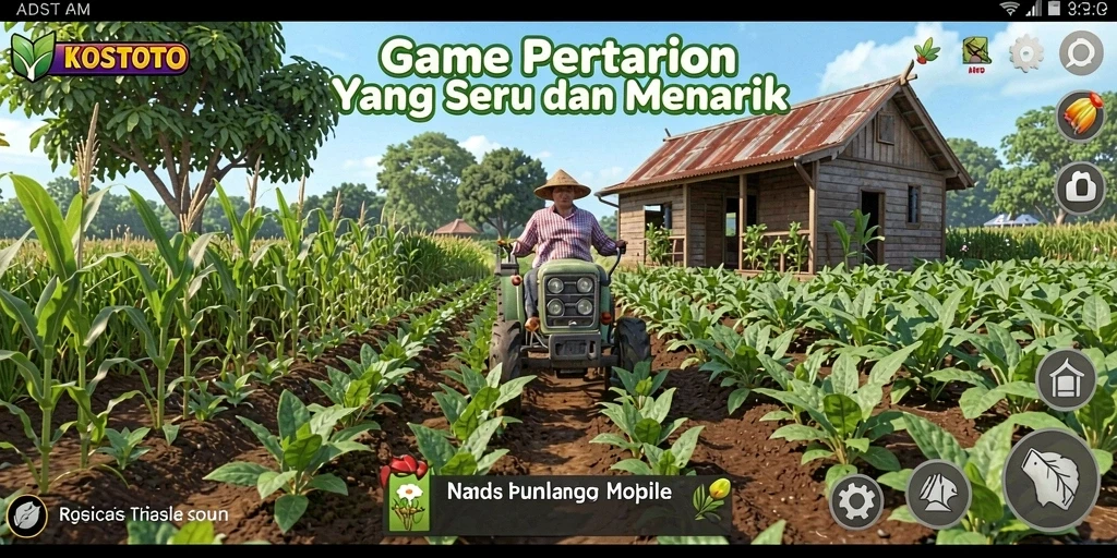 Screenshot gameplay KOSTOTO menunjukkan ladang yang subur dan tanaman yang beragam.