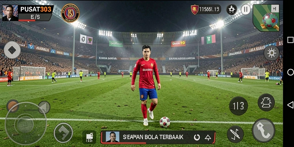 Screenshot PUSAT303 menampilkan aksi seru di lapangan sepak bola.