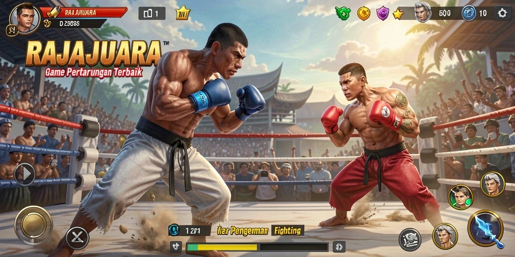 Tampilan gameplay seru dalam RAJAJUARA saat karakter bertarung.