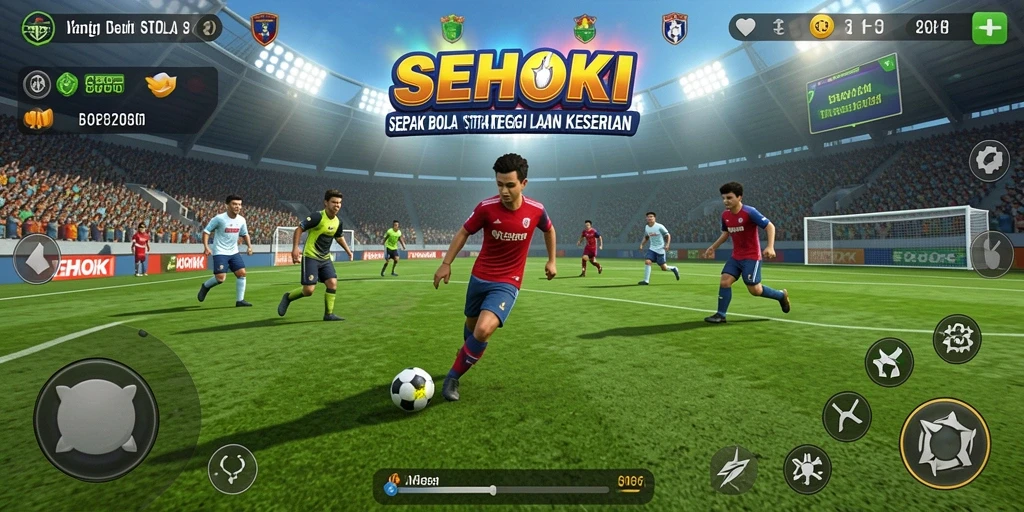 Screenshot utama SEHOKI menunjukkan aksi laga sepak bola yang mendebarkan.