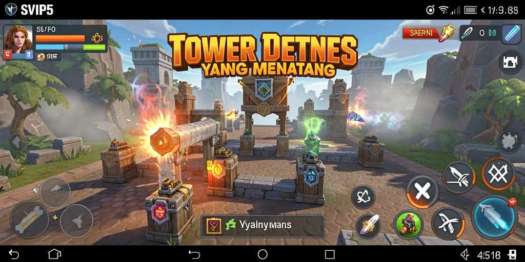 Screenshot gameplay menampilkan pertahanan menara yang strategis dan musuh yang menyerang.