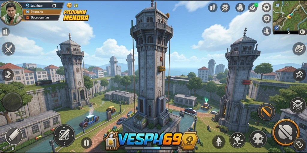 Tampilan gameplay <strong>VESPA69</strong> dengan menara dan serangan musuh yang dinamis.