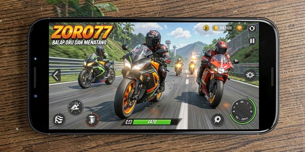 Tampilan gameplay seru dari ZORO77 dengan balap motor yang cepat.
